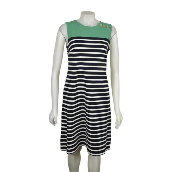 Land's End Striped Shift Dress Blue White Green Nautical Sleeveless Size Small - Picture 1 of 9